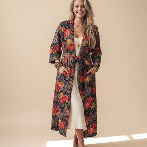 Vintage Mary McFadden Robe Dressing Gown House Coat Red Floral Women sz Medium